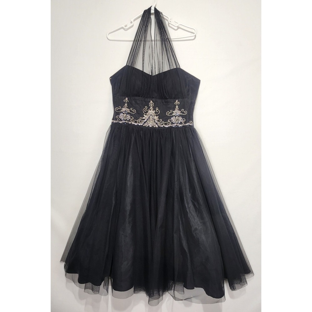 Betsy & Adam Women's Y2K Formal Dress Halter Neck Tulle Overlay Beaded Black 10‎